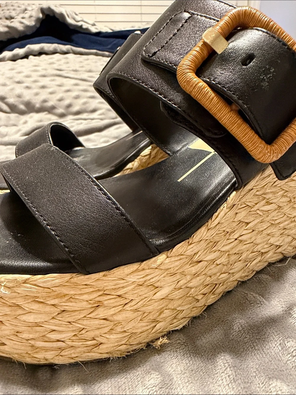 Dolce Vita Black Leather Espadrille Slide Sandals with Tan Buckles